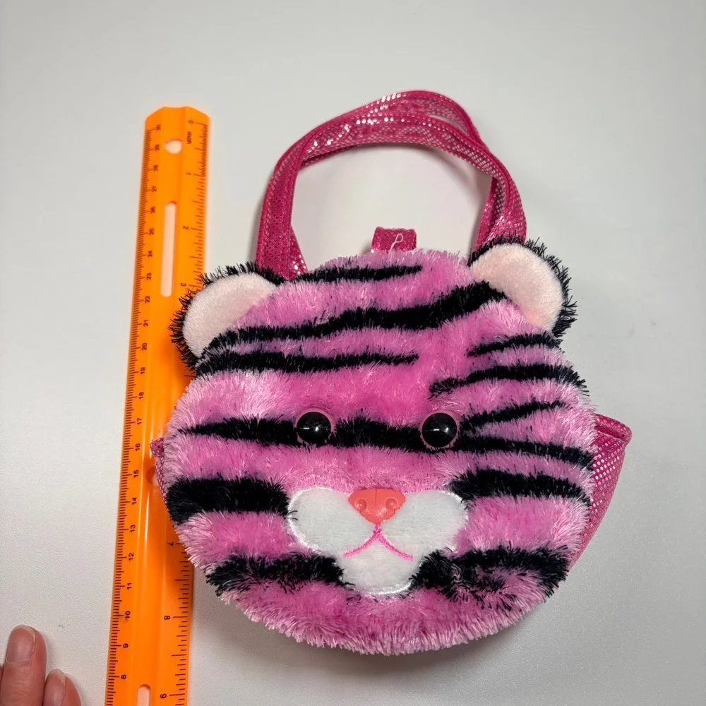 Aurora Pink Tiger Plush Mini Tote Bag Shimmer Metallic Straps Kidcore Y2K Small